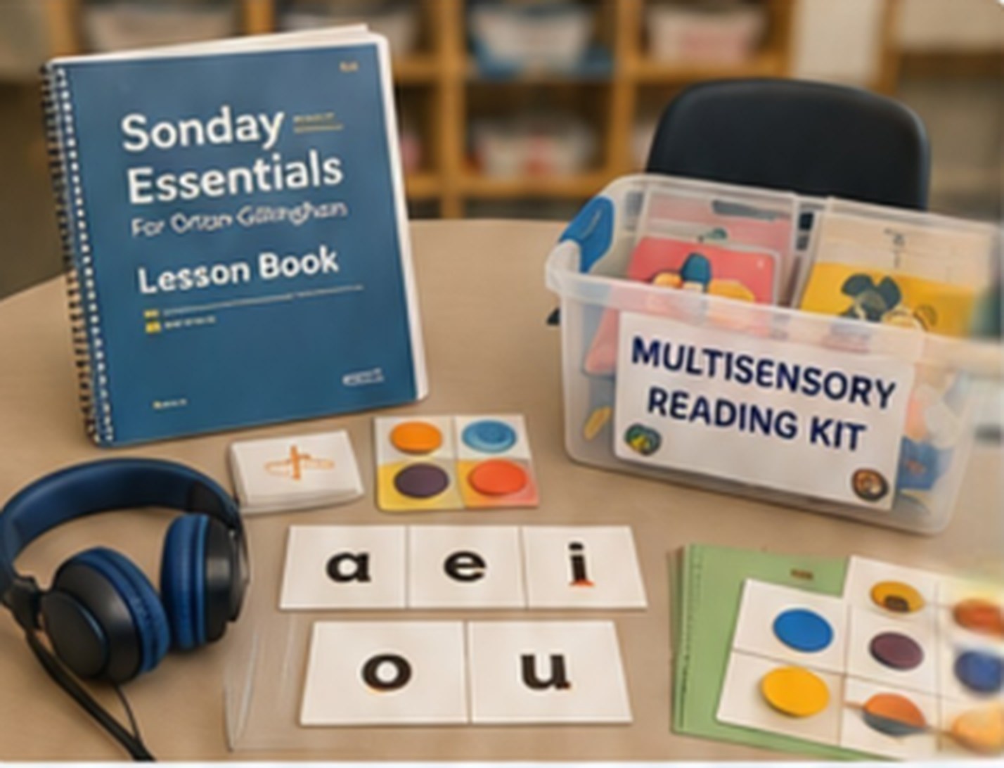 Sonday Essentials lesson book, a multisensory reading kit, vowel cards, and headphones arranged on a classroom table